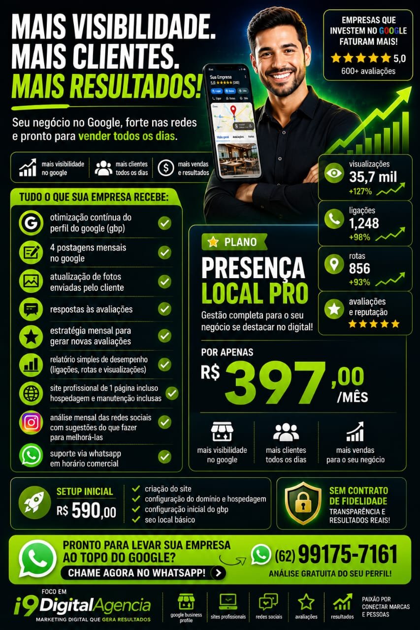 Resumo visual do Plano Presença Local PRO da i9Digital: R$ 397 por mês, setup de R$ 590 e lista de entregas incluídas